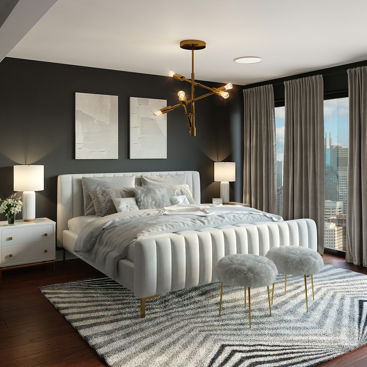 Luxury bedroom interior with layered textures — marble, timber, and linen