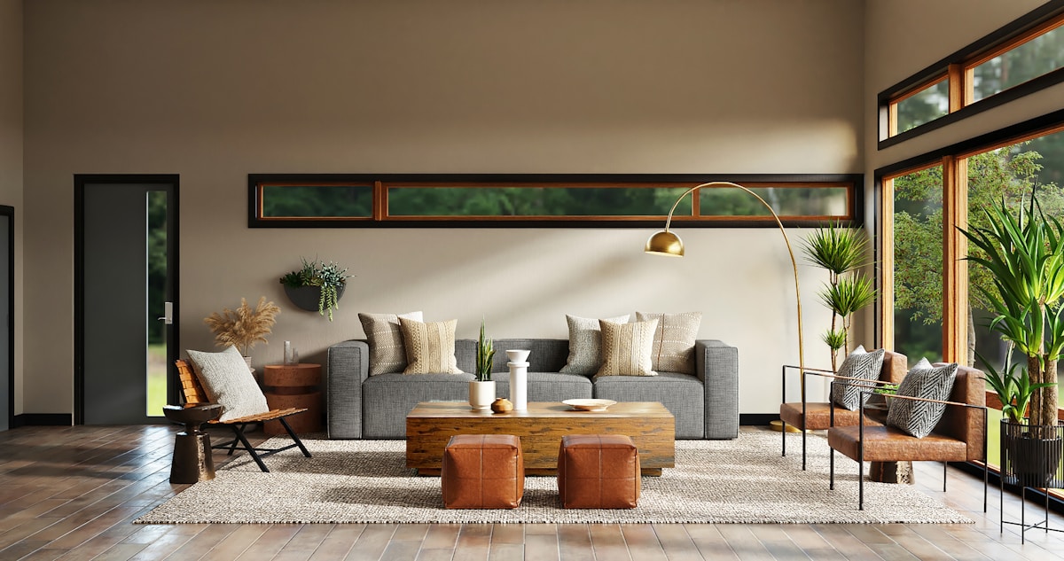 Luxury interior design living room Dubai — warm minimalism with travertine and walnut finishes