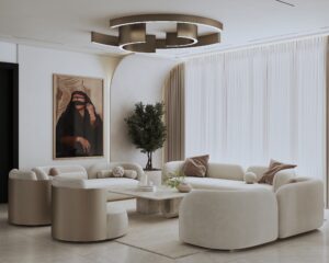 Cozy living room nook with desert-inspired greenery and neutral furniture, Sisterly Interior Dubai